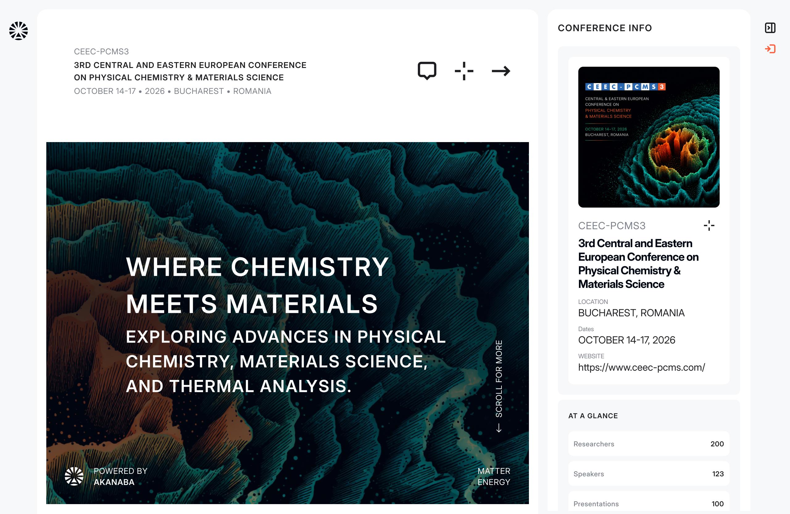 CEEC-PCMS3 conference hub, with the event page and conference info side by side